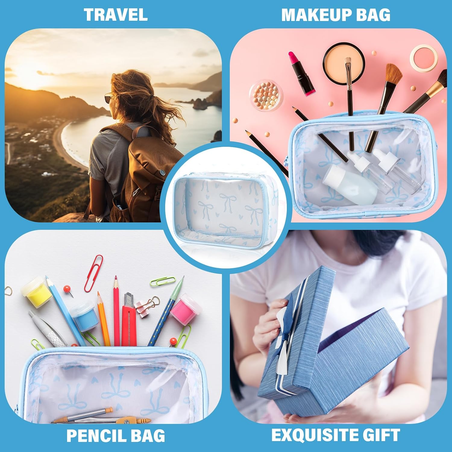 Sherr Clear Coquette Blue Bow Pencil Case with Zipper
