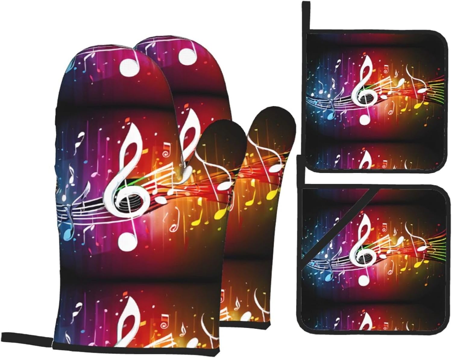 (Music Note) Baking 4-Piece Set: 2 Oven Mitts and 2 Pot Holders Heat Resistant Waterproof Hanging Loop for Kitchen Oven Grill Housewarming Gifts