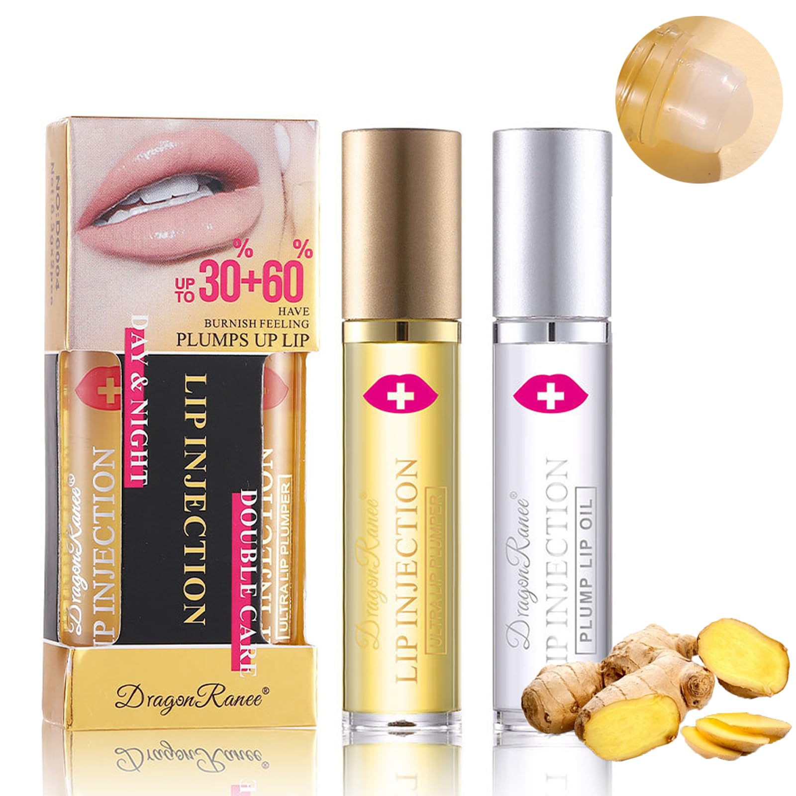 Hydrating Lip Plumper Gloss Set,Natural Ginger Essential Lip Care Oil Roll On,Plumping Lip Gloss for Chapped Cracked Dry Lips,Lip Enhancer Make Lips Fuller Moisturizing,Reduce Fine Lines (2pcs)