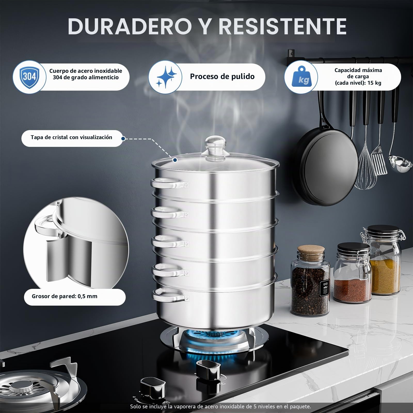 olla de vapor, acero inoxidable, 5 niveles, 30,5 cm de diámetro, para gas, inducción y cocinas eléctricas