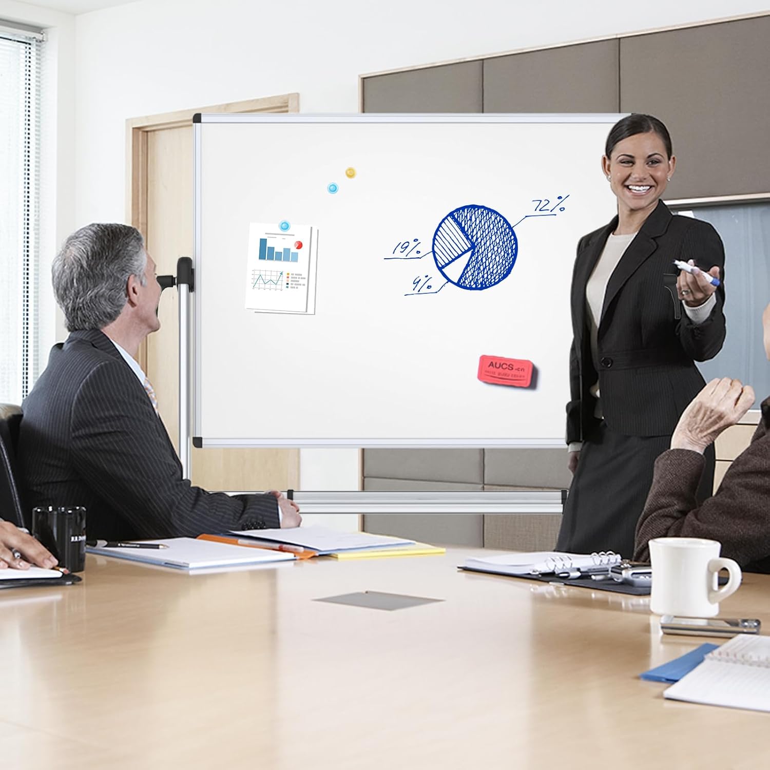 VIZ-PRO Double-Sided Magnetic Mobile Whiteboard, 48 x 36 Inches, Aluminium Frame and Stand