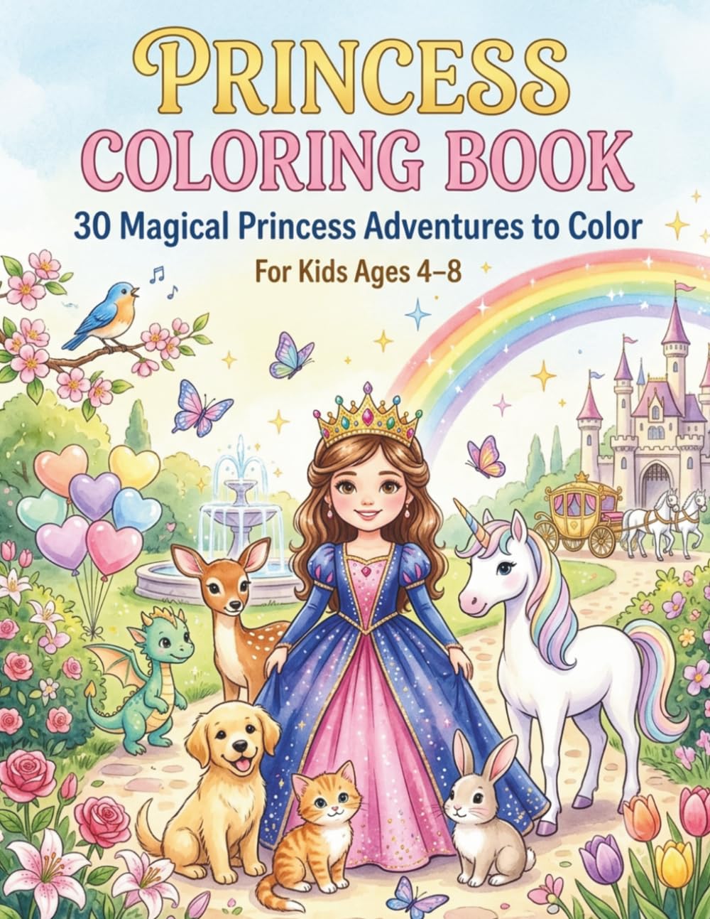 Princess Coloring Book for Kids Ages 4–8: 30 Easy and Fun Coloring Pages Featuring Princesses, Unicorns, Castles, and Magical Friends