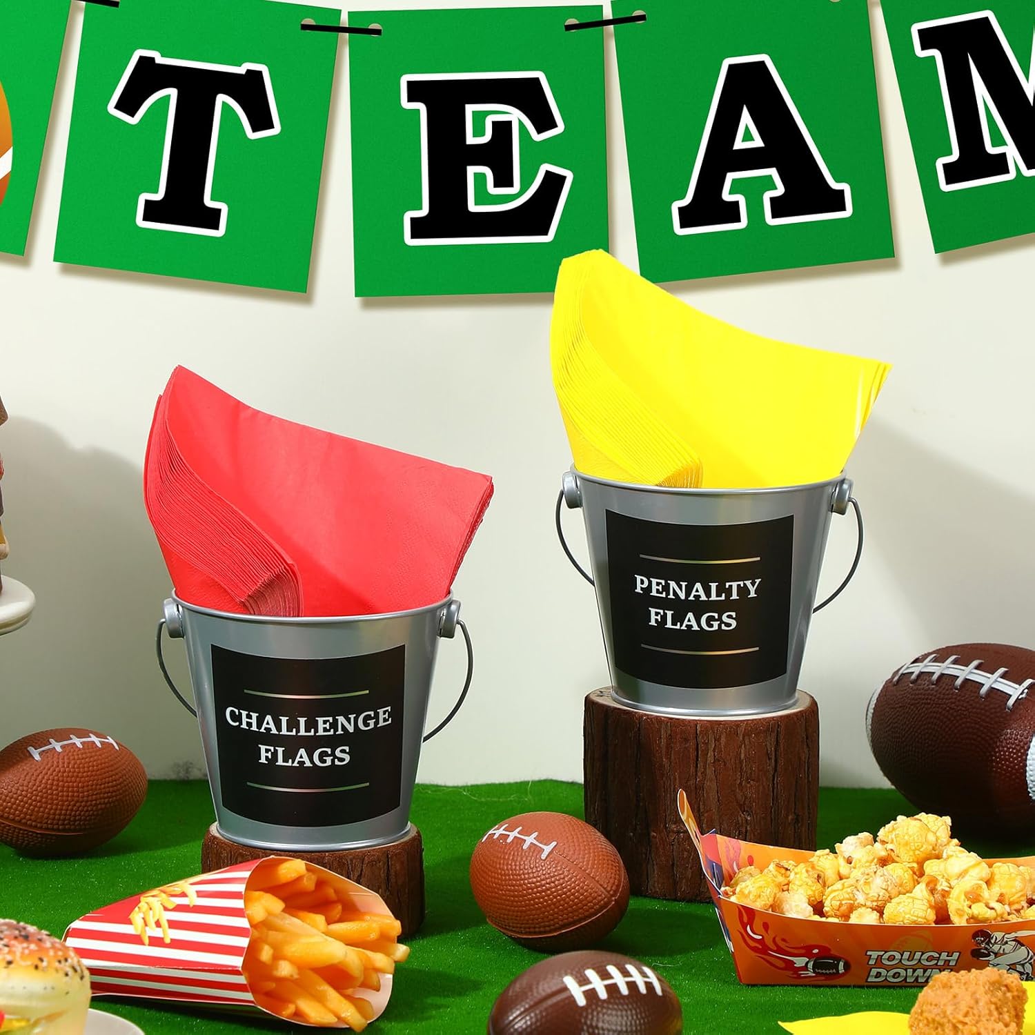 Nuogo 2 Set Football Party Decoration The Original Penalty Flags Sign with 2 Metal Pails Challenge Flag for Football Party
