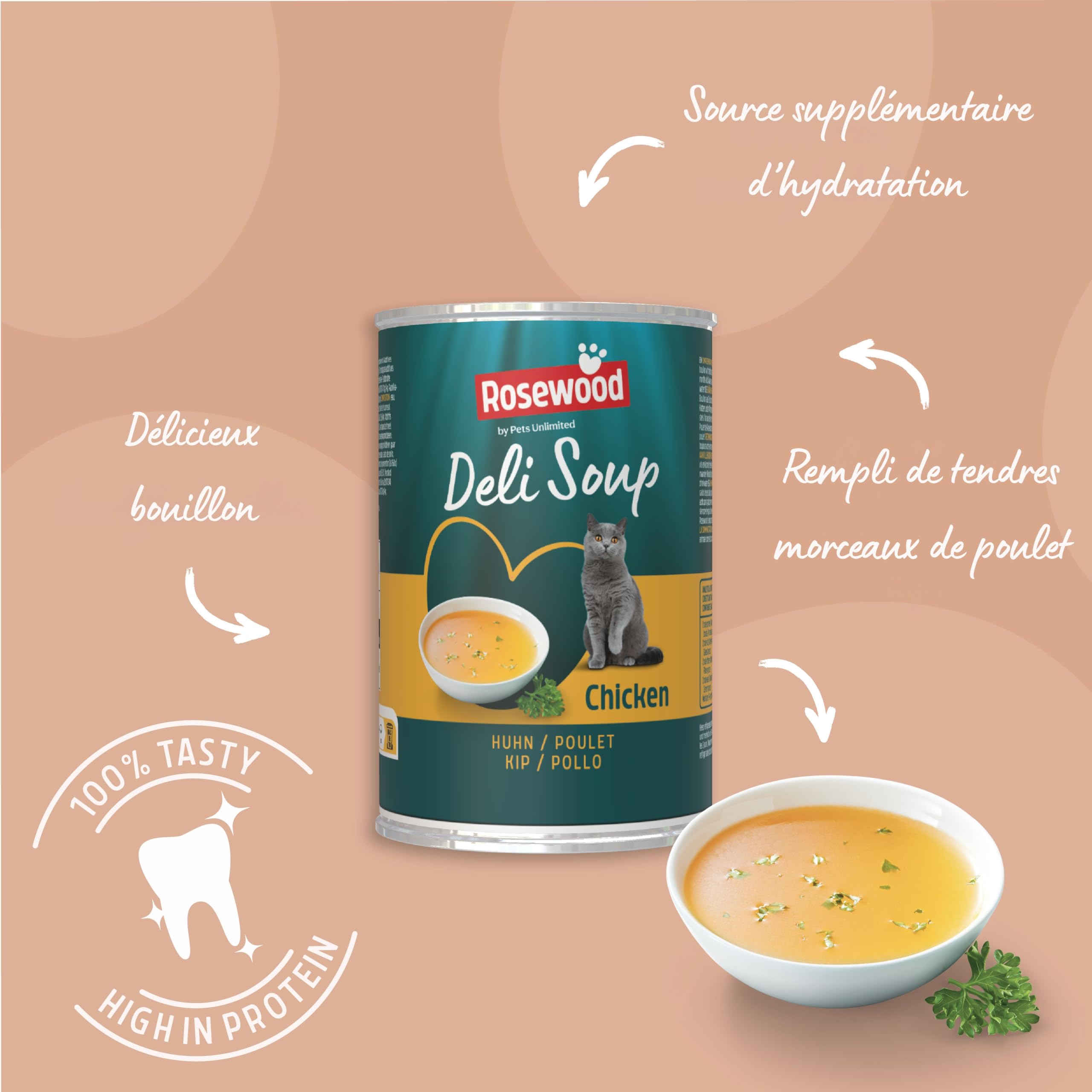 Rosewood Deli Soup Poulet – Friandise savoureuse au Bouillon pour Chat avec Morceaux de Poulet Tendre, sans sel ni Sucre ajouté, sans additifs artificiels, 135 ML
