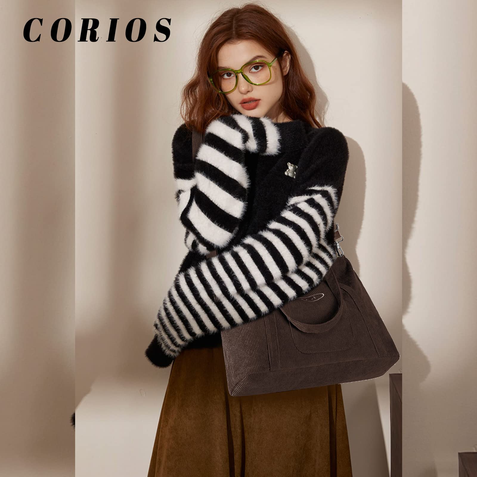 CORIOS Corduroy Tote Handbag for Women - Large Capacity Crossbody Shoulder Bag With Zipper - Ladies Hobo Casual Satchel for Work, Travel, Party, Office, Shopping, Daily Use - Dark Brown