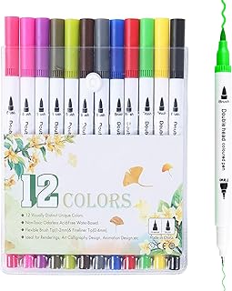 Teskyer Dual Brush Pens, 12 Colors Brush & Fine Tip Art Coloring Markers for Kids Adult Coloring Book Journaling Note Taking Writing Painting Drawing, Art Craft Supplies