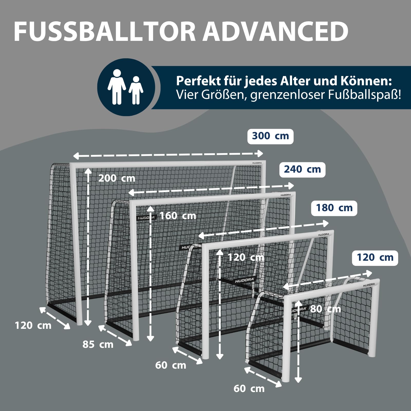 HUDORA Fußballtor Advanced 120/180/240/300 - Fußballtor für Kinder/Jugendliche & Erwachsene - Outdoor-Fußball-Tor für Garten - Wetter- & standfestes Fußball-Trainingstor mit engmaschigem Netz