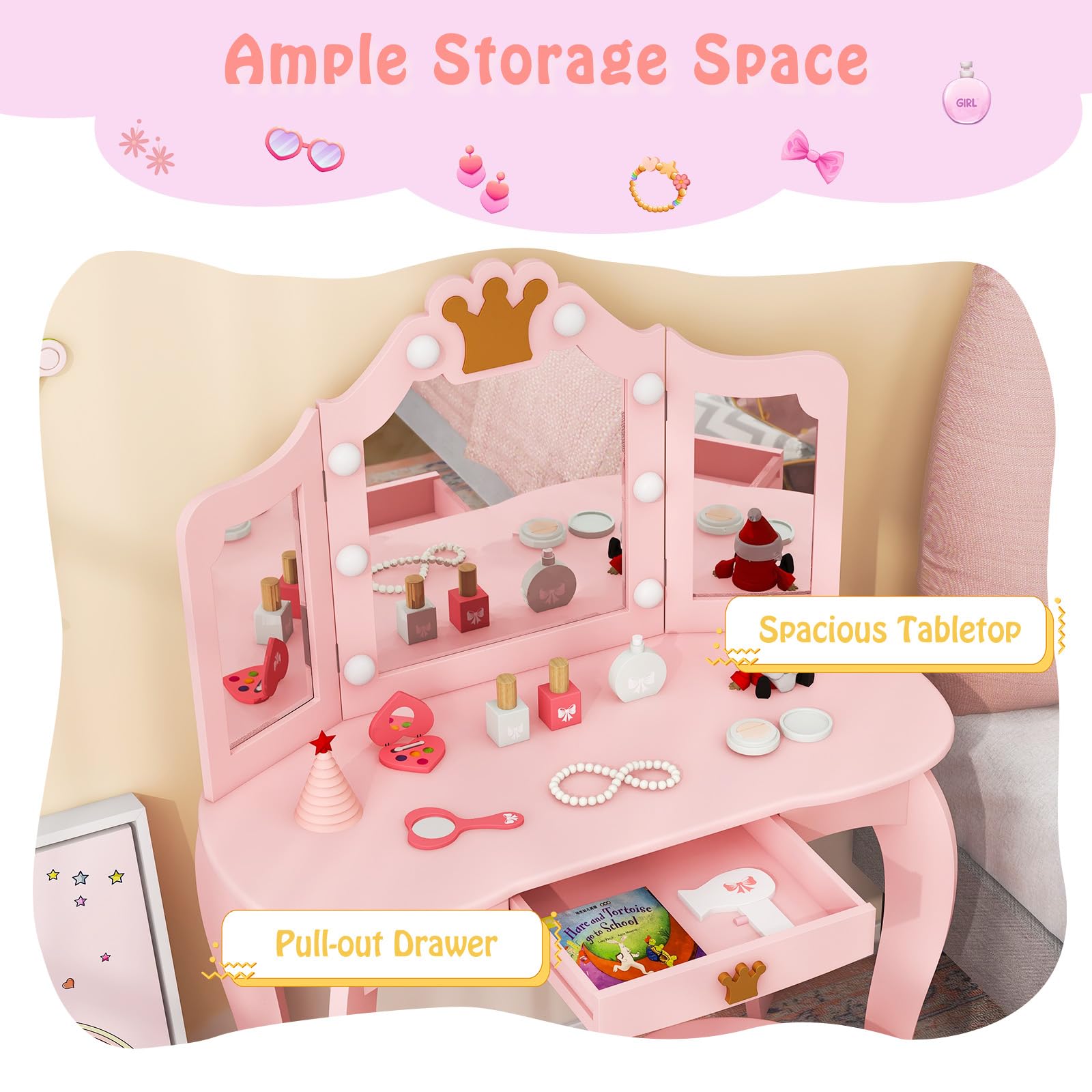 LIFEZEAL Kinderschminktisch Set, Schminktisch mit Hocker für Mädchen, Mädchenschminktisch mit LED-Licht, Tisch und Stuhl-Set mit Klappspiegel (Rosa)