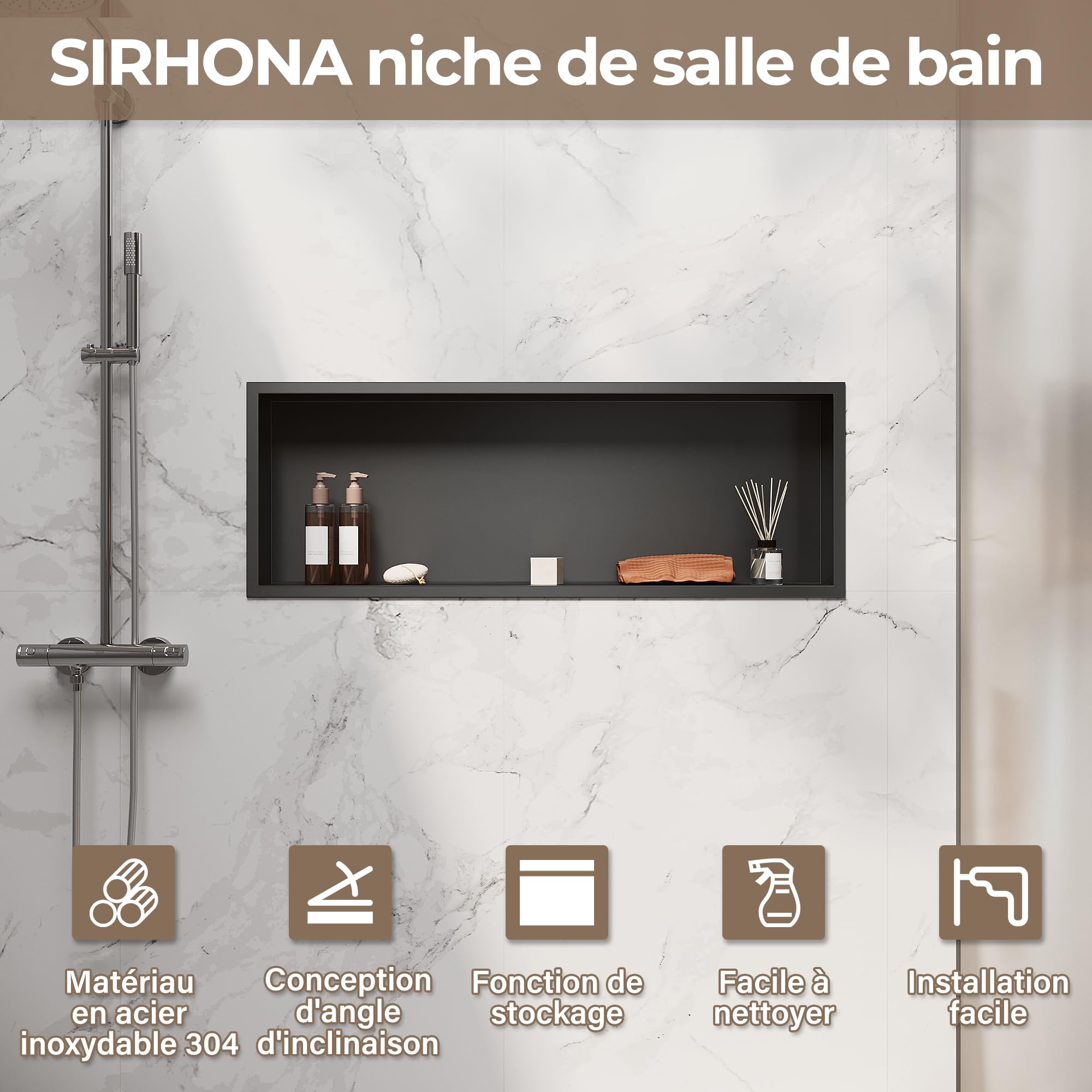 SIRHONA Nicchia da bagno, cuccia da doccia a incasso in acciaio inox, elementi di stoccaggio per la doccia in bagno, 90 x 30 cm, colore: Nero