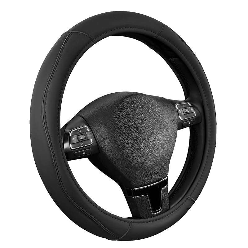 Capa para Volante em Couro Road Comforts com Acabamento Decorativo e Vivo, Encaixe para Volantes Redondos de 36,8–38,1 cm, Preta
