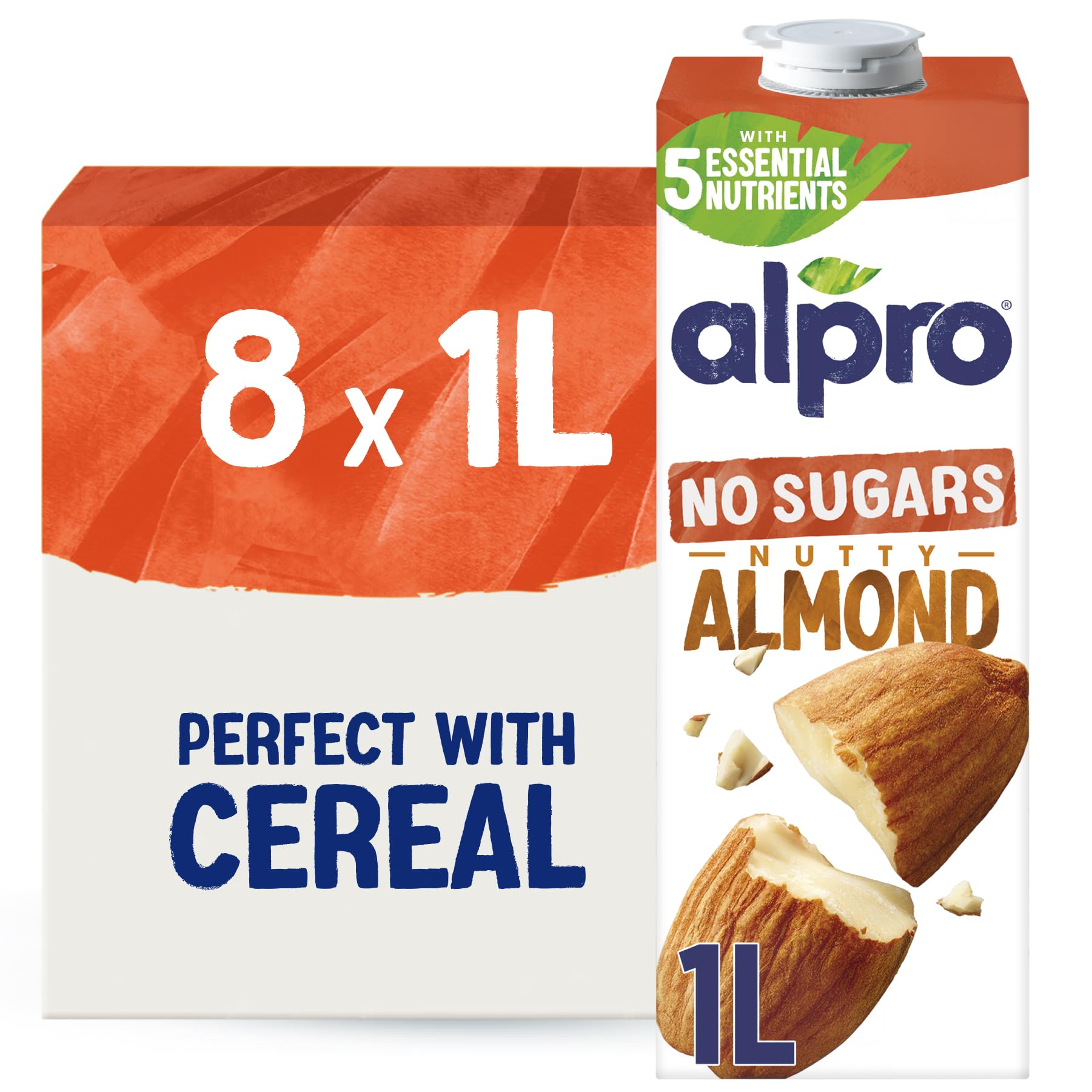 Alpro Almond Drink - No Sugars - Unsweetened Plant-Based Long Life Dairy Free & Lactose Free Milk Alternative - 1L (Pack of 8)