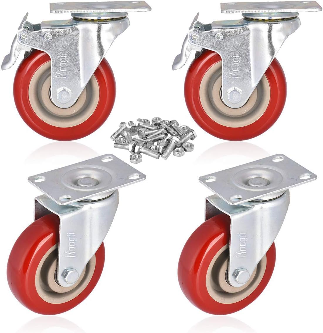 Moogiitools 4" Swivel Rubber Caster Wheels with Safety Dual Locking Heavy Duty 1200lbs Casters Set of 4 (Half with Brake)