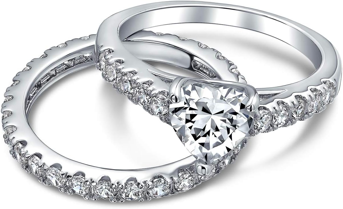 Bling Jewelry Personalized 1CT Cubic Zirconia AAA CZ Romantic Heart Shaped Anniversary Wedding Engagement Ring Pave Band Set .925 Sterling Silver Customizable