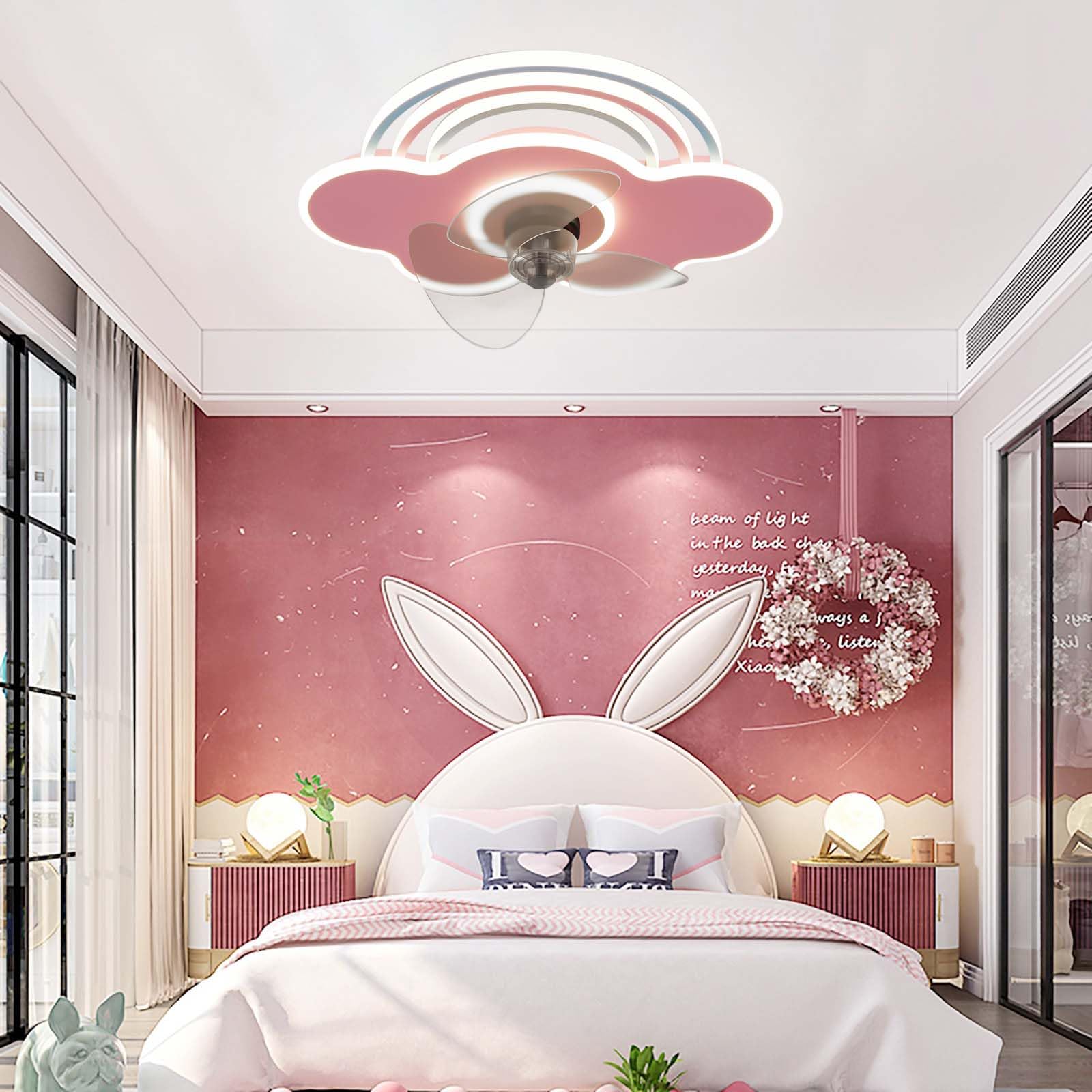 GWYAJTU Lampara Ventilador Techo Rosa Y Mando A Distancia Arcoíris Ventilador Techo Con Luz Silencioso LED Regulable 6 Velocidades Reversible Ceiling Fan with Light Para Dormitorio Infantil
