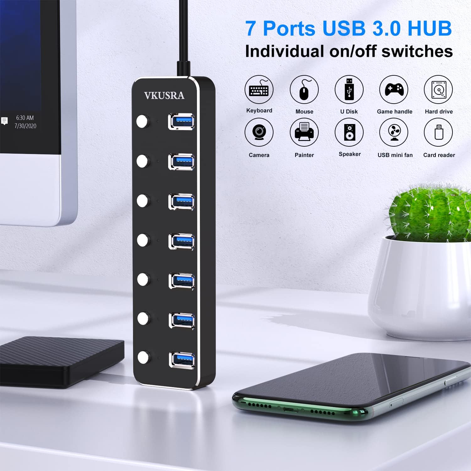 USB Hub,VKUSRA 7 Port USB Hub 3.0 with 4ft USB Long Cable Multiple Port,Individual USB On/Off Switch and LED Indicator,USB Splitter for Laptop & PC