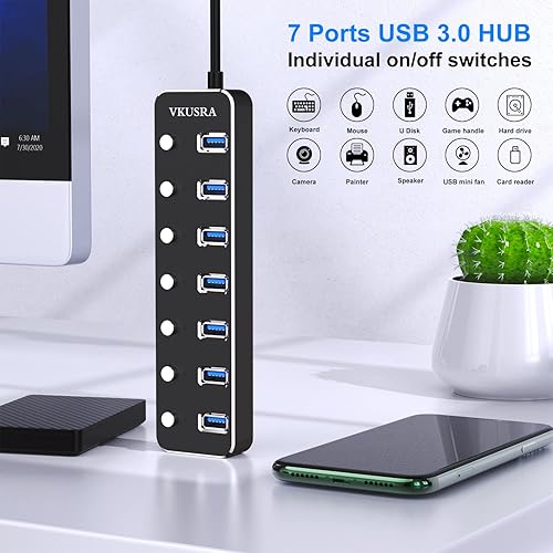 Miniatura 2 de Concentrador USB, concentrador USB 3.0 de 7 puertos VKUSRA con cable largo USB de 4 pies y concentrador USB 3.0 de aluminio con interruptor de
