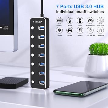USB Hub, VKUSRA 7 Port USB Hub 3.0 with 4ft USB Long Cable, and Aluminum USB 3.0 Hub with Individual On/Off Switch and LED Indicator, USB Splitter for Laptop & PC, Power Adapter Not Included