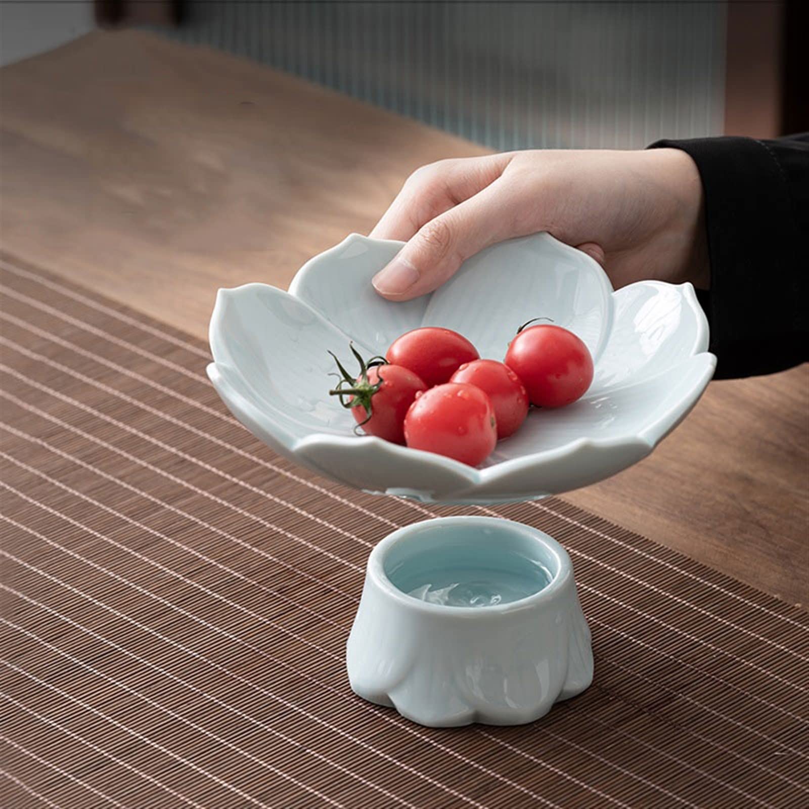 Miski Owocowe Odpływowy talerz na owoce Kreatywny kształt lotosu, dzielony ceramiczny talerz deserowy Taca na owoce Talerz z suszonymi owocami Dekoracyjne naczynie na owoce (Size : B)