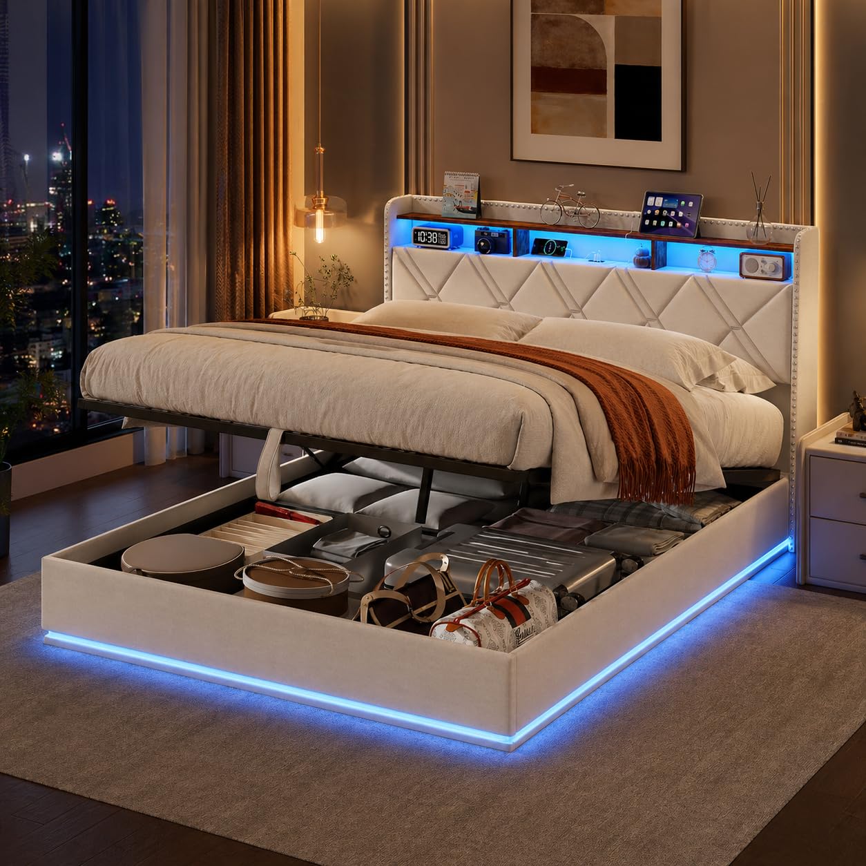Letto Matrimoniale con contenitore 160x200 con LED e Porta USB, Letto imbottito 160x200 con contenitore idraulico e ripostiglio testiera, Struttura letto con rete a doghe in Legno,Lino