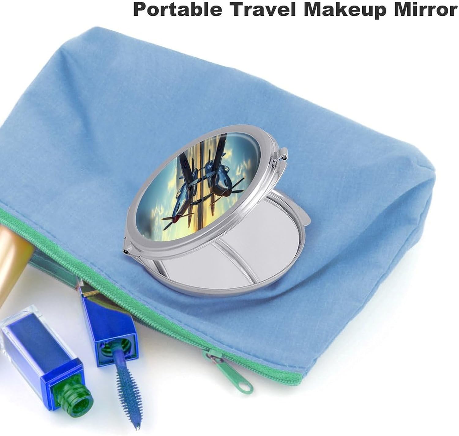 Airplane Vintage Aviation Fighter Compact Makeup Mirror Mini Foldable Cosmetic Mirror Portable Travel Mirror for Purse Pocket