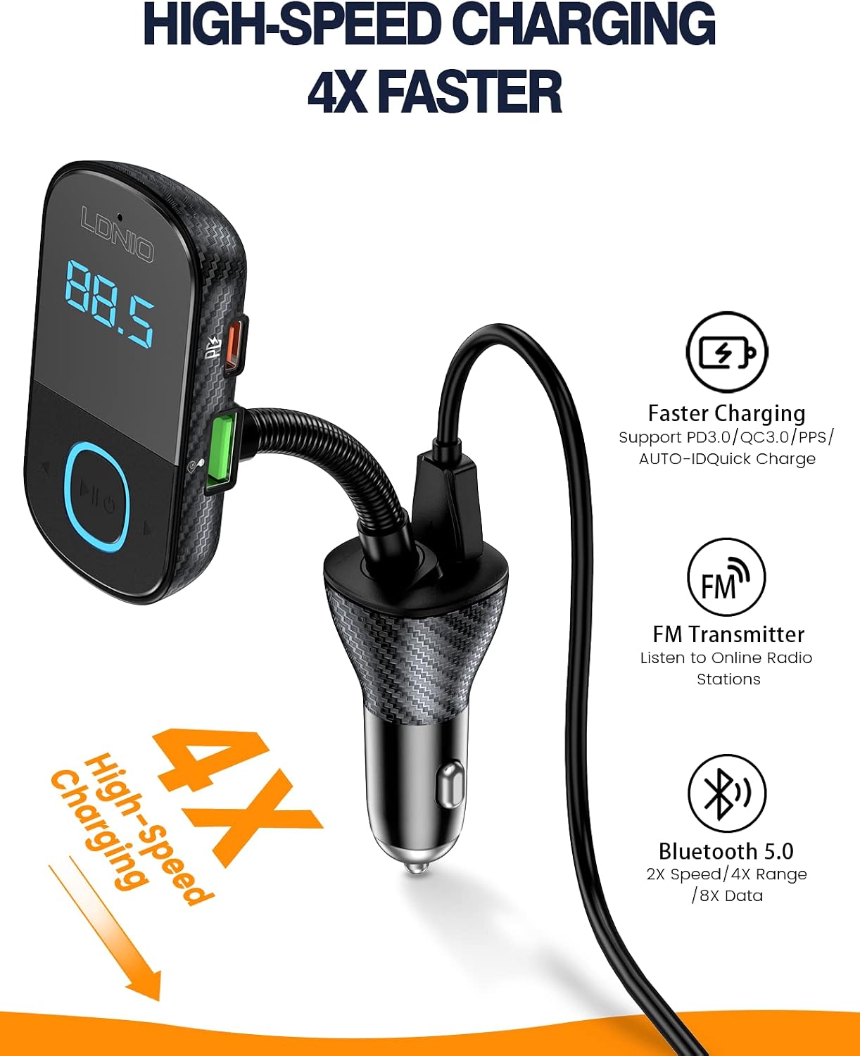 LDNIO Bluetooth FM Transmitter showing three USB charging ports: USB-C, USB-1, and USB-2.