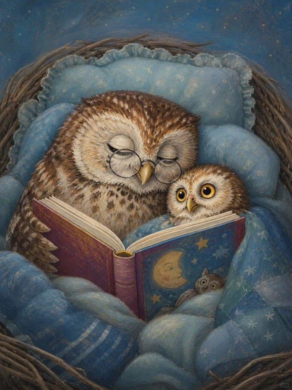 Henypt Pre Printed Cross Stitch Kit The Owl Reading a Book Animal DIY Needlepoint Set for Beginners The Elderly with Accessories Home Wall Art 14CT 40x50cm