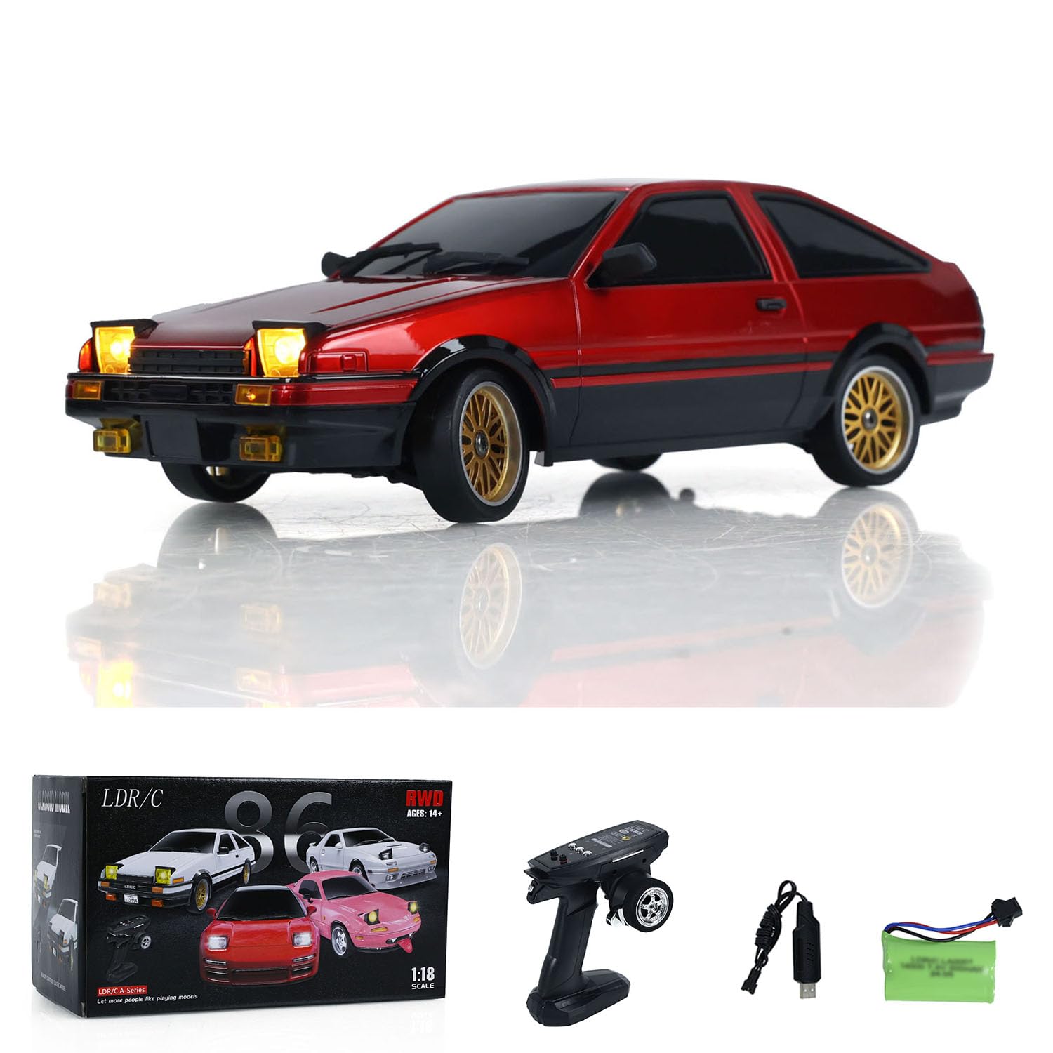 US in Stock, 1/18 RC Drift Racing Car Rwd LDRC LD1801 Wireless Control Vehicle Gyroscope Light System Motor Servo ESC Hobby Model for Adult Hobby(Red with Gyro)