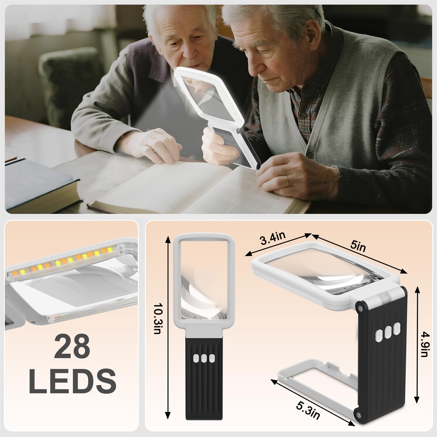 15X Lupe mit Licht und Ständer, Echtglaslinse Leselupe, Wiederaufladbare, Faltbare Große Handlupe, 3 Farbmodi Dimmbare, Beleuchtete Seitenlupe für Senioren, Juwelier - Weiß Schwarz