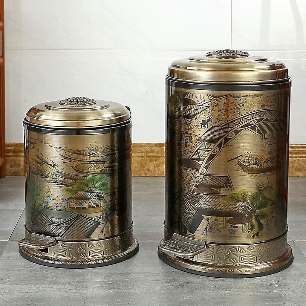 Dustbins Chinese Style Retro Trash Can with Foot Pedal Bronze Metal Handle Two-Layer Sealed Garbage Box Living Room Kitchen Bathroom Waste Recycling (Color : Brass Size : 6L) (Brass 6L)