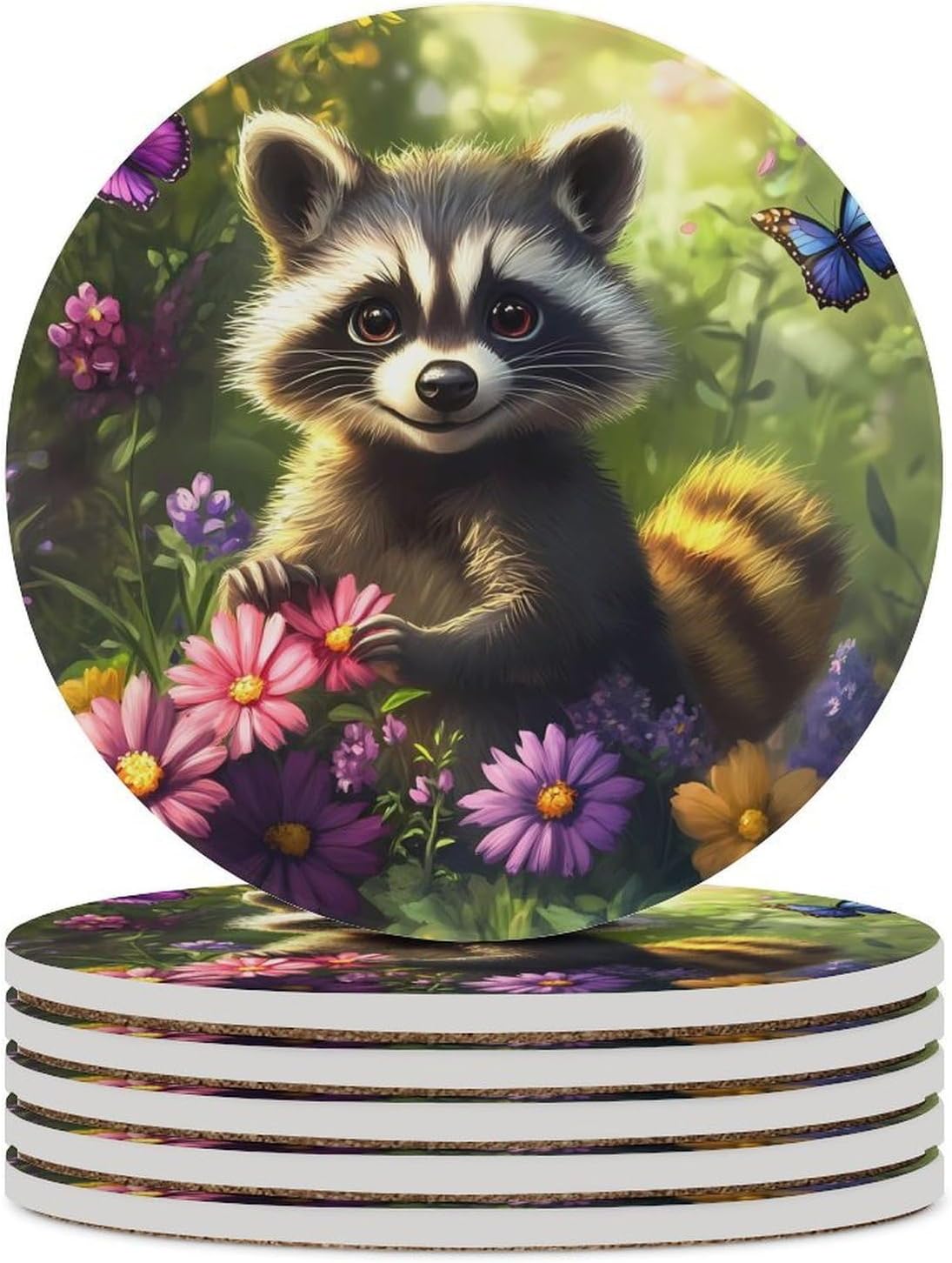 Raccoon Floral Trash Panda Coasters for Drink Round Ceramic Coaster with Cork Base Home Decorative 6PCS