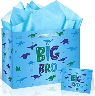 Big Brother Gift Bag for Boys, Cute Big Bro Gift Bag with Tissue Paper and Greeting Card Blue Wrapping Paper Cartoon Dinosaur New Brother Party Decoration for Little Boy Birthday Party Supplies