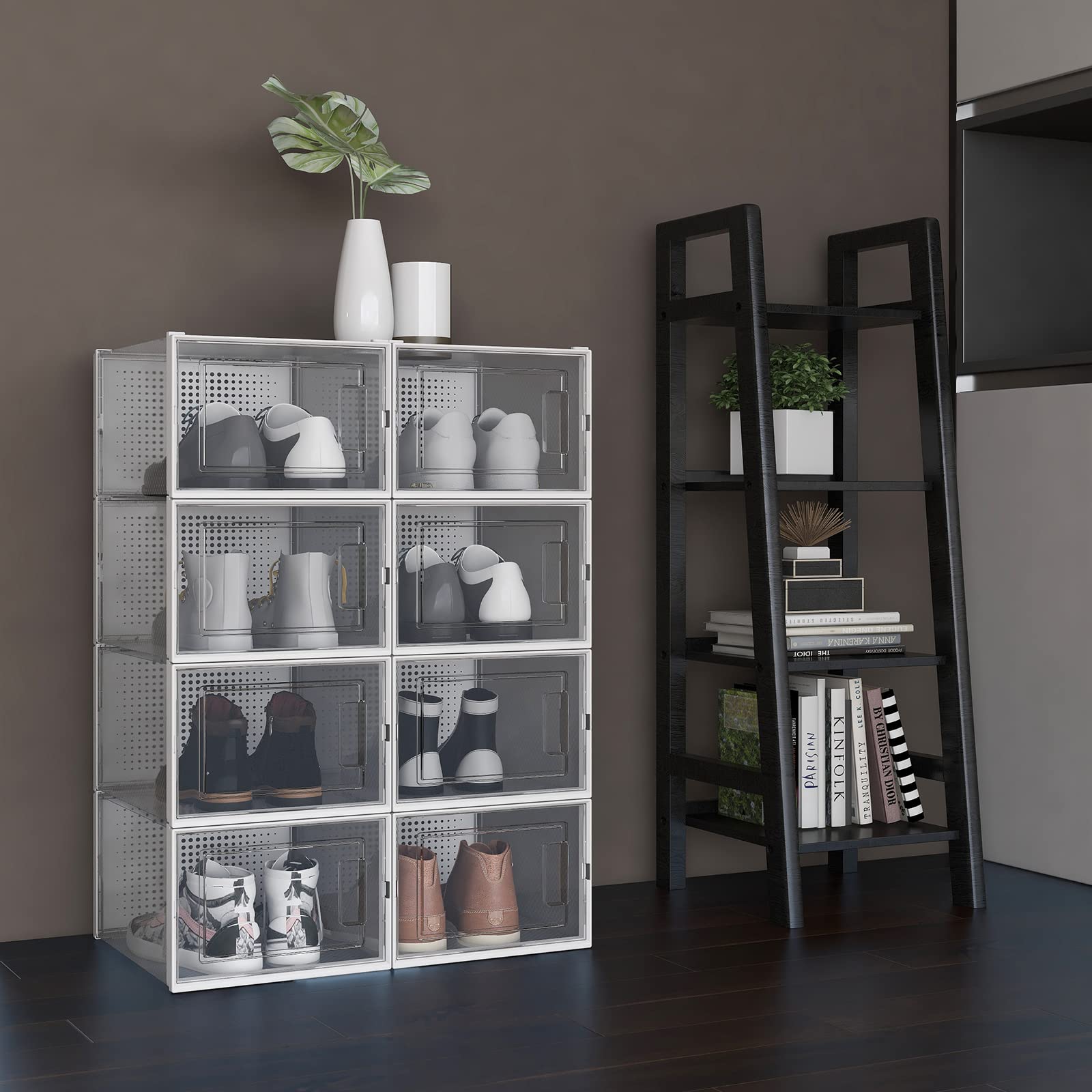 Shoe Storage Boxes - Mupera Clear Plastic Stackable Shoe Boxes(2022 New), White Shoe Organizer Bins with Door, Shoe Storage Boxes Large ventilation Fit up to Us Size 14?6 Packs)