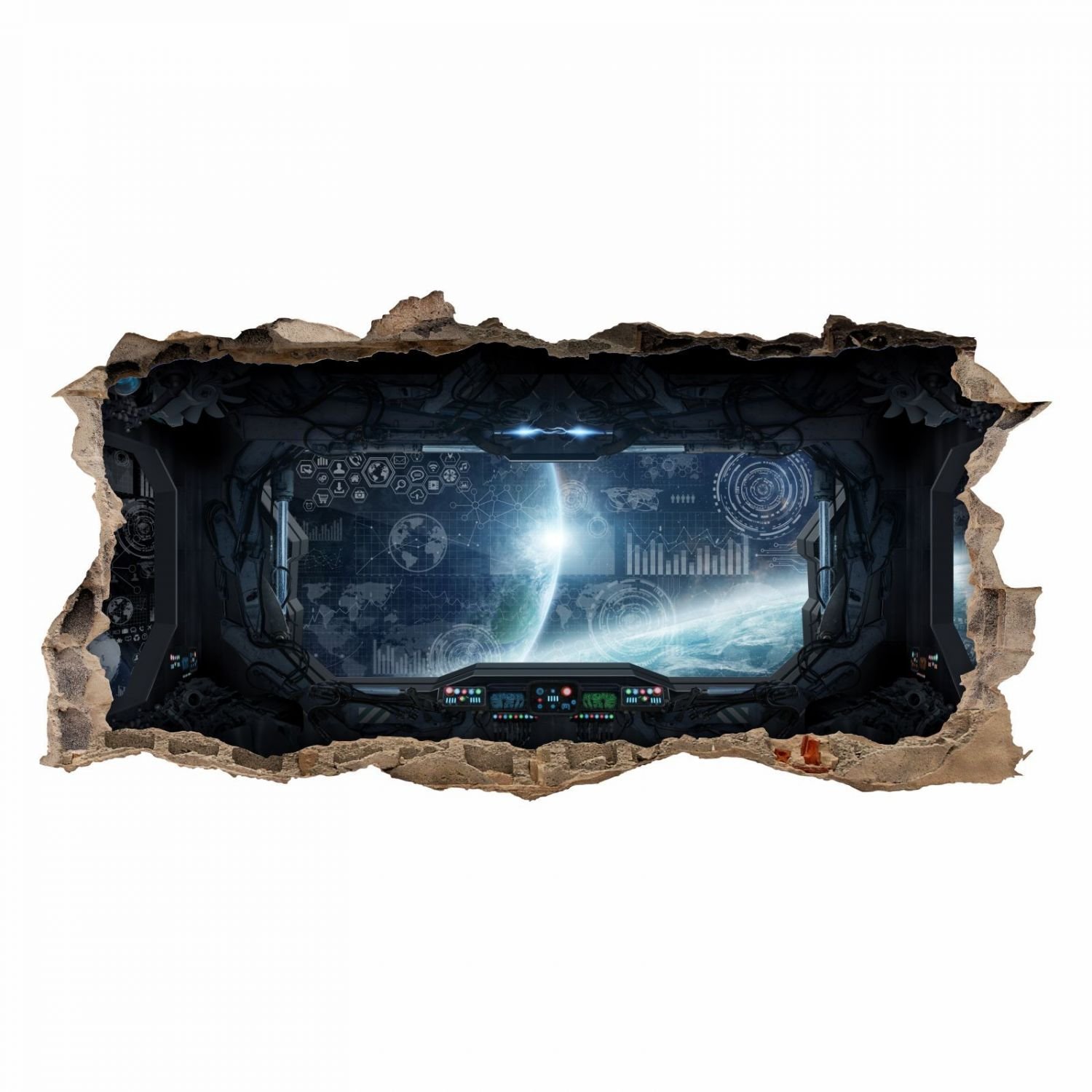 nikima 058 - Adesivo da parete con nave spaziale – Foro nella parete – cameretta dei bambini adolescenti stazione spaziale – in 6 misure – Adesivo da parete per cameretta bambini dimensioni 1750 x