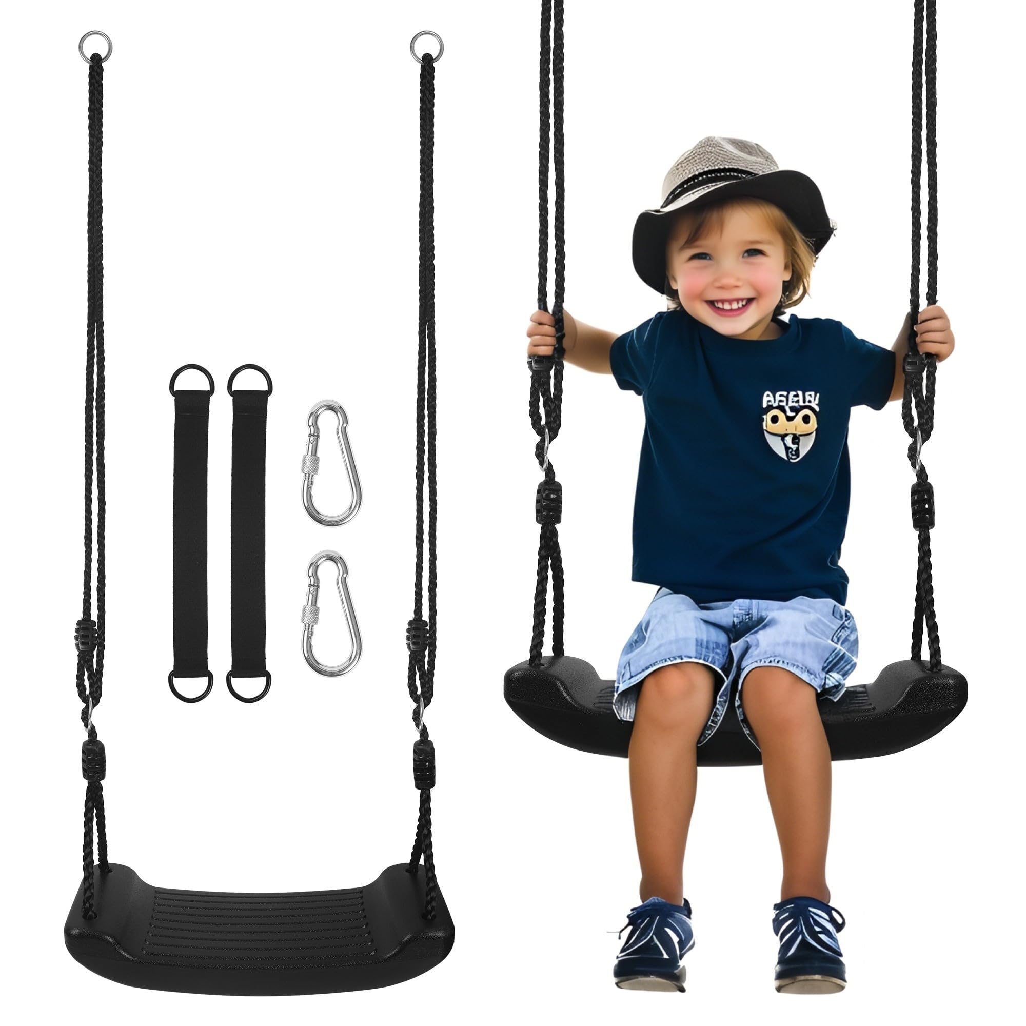 Columpio infantil, Asiento columpio para exterior e interior, con 2 cuerdas para colgar y 2 mosquetones, altura regulable, tablero de plástico antideslizante, apto para niños mayores de 3 años (Negro)