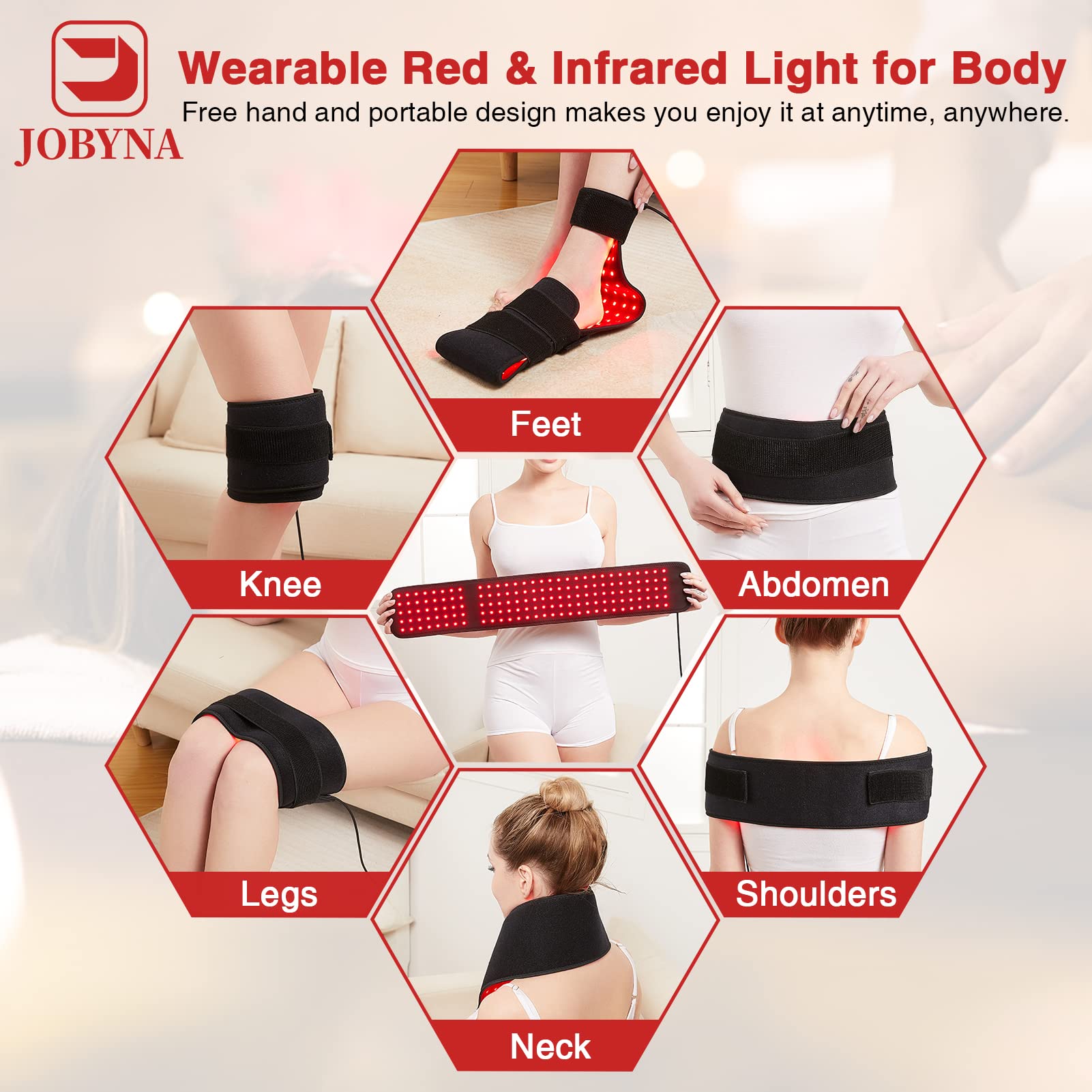 JOBYNA Ceinture de Thérapie par la Lumière Rouge et Infrarouge pour les Pieds, 640nm 660nm 880nm Luminothérapie, LED Red Infrared Light Therapy Lampe Infrarouge pour Corporelle Douleur