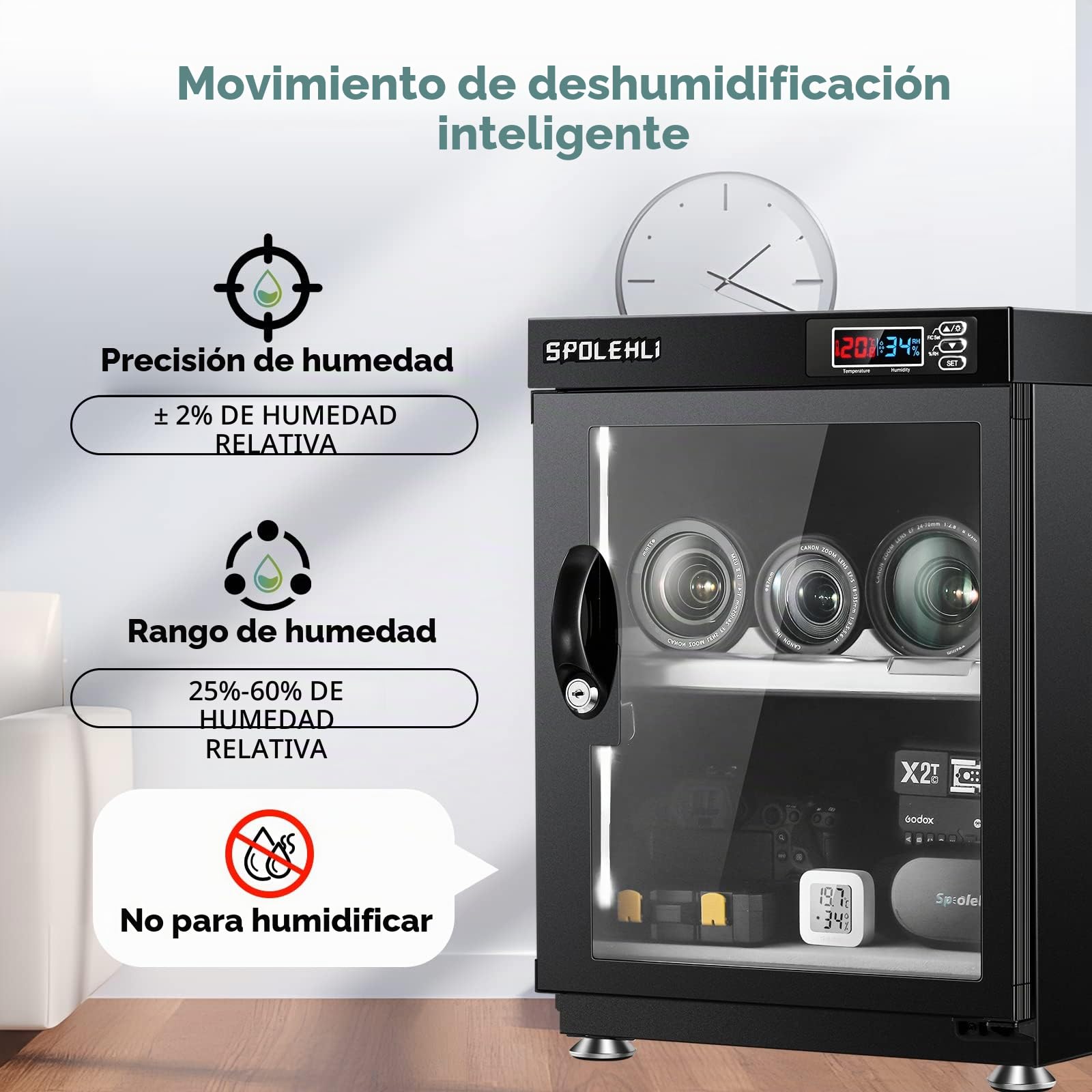 Gabinete Seco para Cámaras Lentes 35L Deshumidificador de Productos Electrónicos Armario a Prueba de Humedad con Luces LED