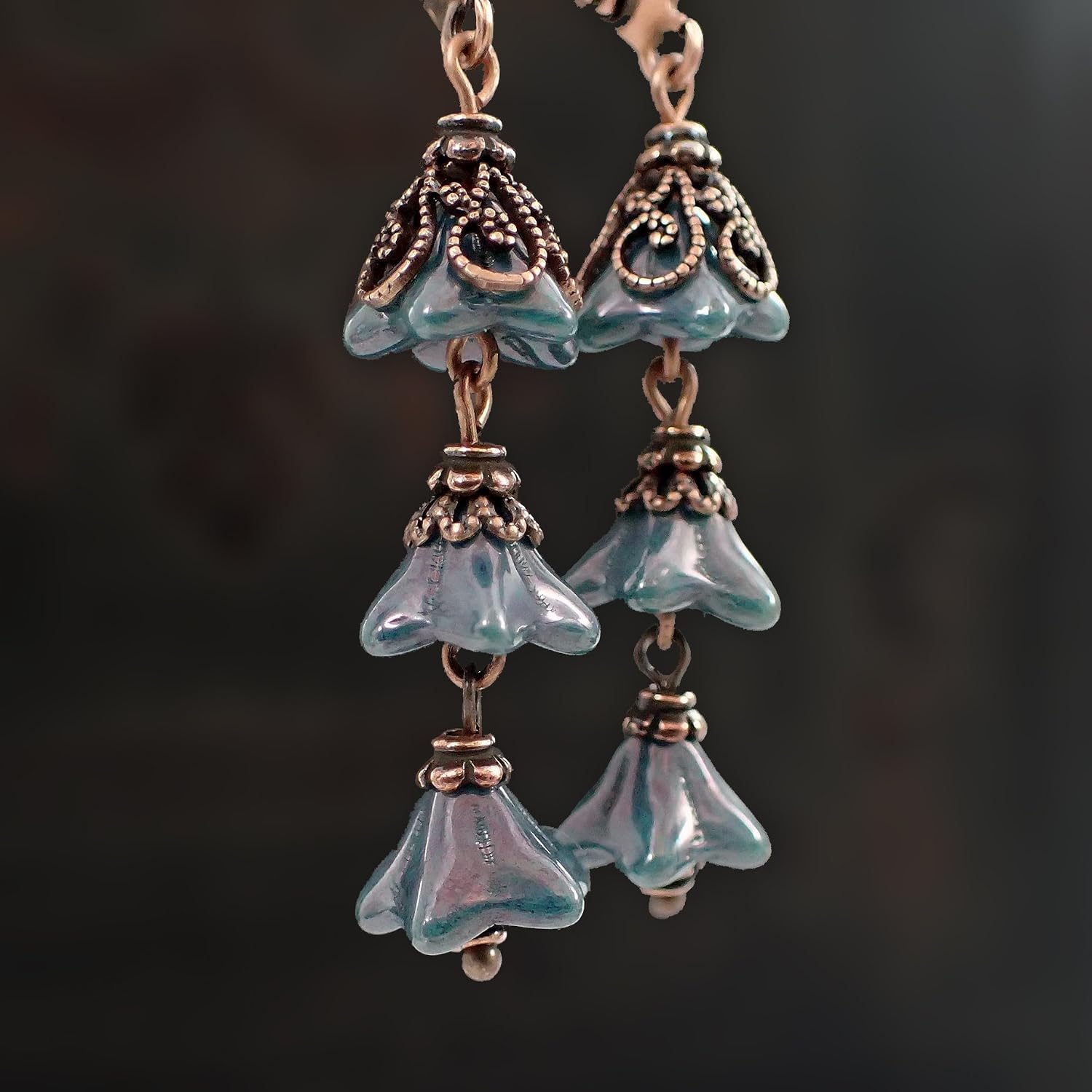 Dark Teal Czech Glass Flower Bead Lever Back Earrings in Antiqued Copper