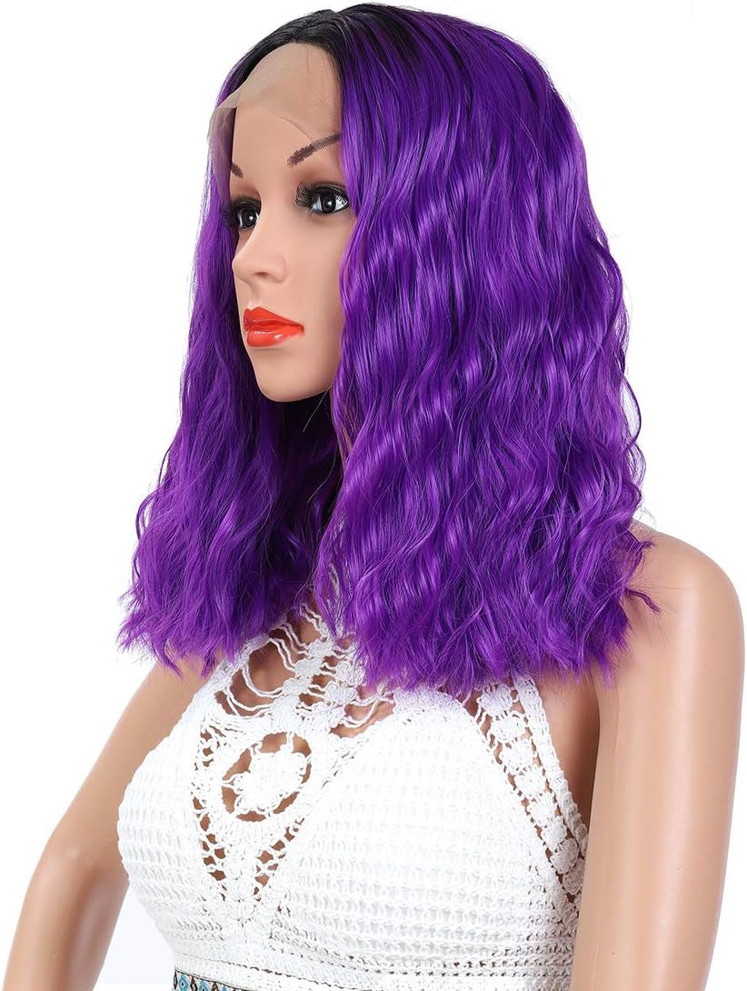 YanT HAIR Lace Front Wigs Synthetic Wigs For Women Wavy Bob Wig Middle Part Shoulder Length 14-15 inches Ombre Color Wig 1B/Purple Color - Image 4