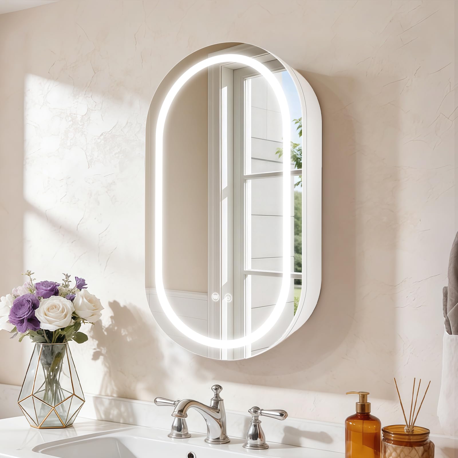 Botiquín ovalado con luz blanca de baño para maquillarse y afeitarse