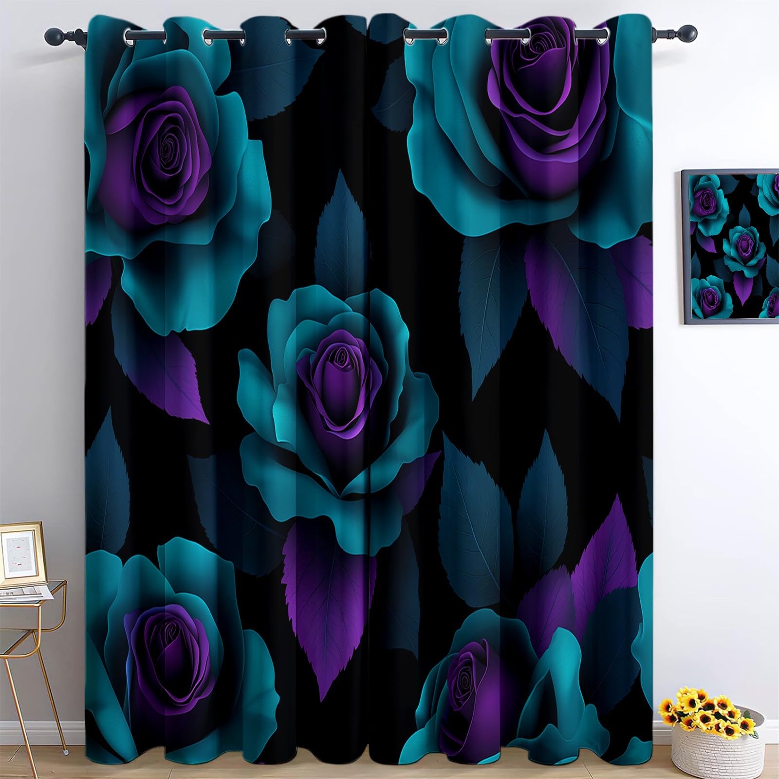 Tende Oscuranti per Interni 2 Pezzi 140x140 cm (LxA), Fiore Rosa 3D Foglie Tenda Coprente per Soggiorno, Termiche Isolanti Nero Tendaggi per Interno Finestra per Salotto Cucina