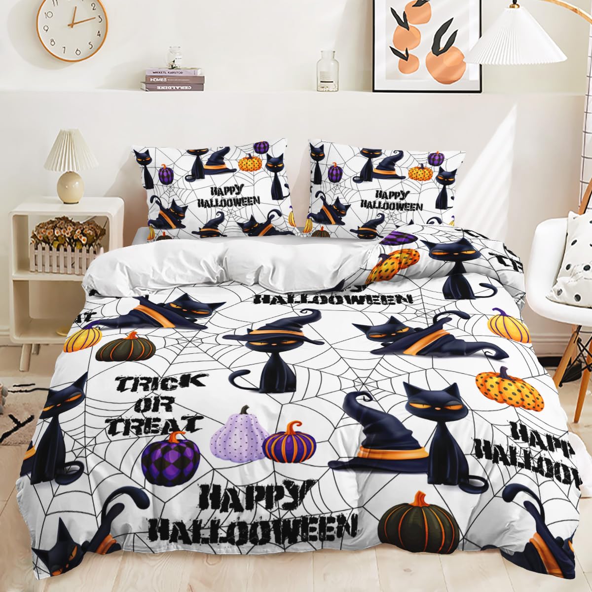 Lunoroey Halloween Bedding Duvet Cover Set Single Size Kids Boys Girls Black Cat Witch Magic Hat Spider Web Print Bedding Set Soft Quilt Cover Comforter Cover Halloween Decor Kids Gift