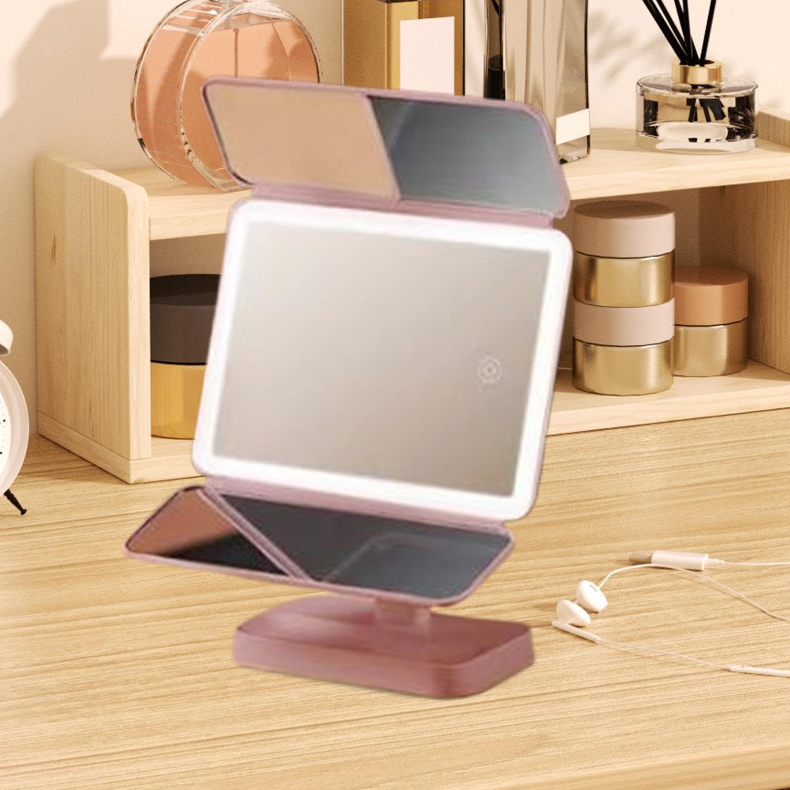 Espejo de maquillaje triple con LED de 3 colores, rotación de 180°, espejo de tocador de aumento para mujeres y niñas, herramienta perfecta para cosméticos y belleza