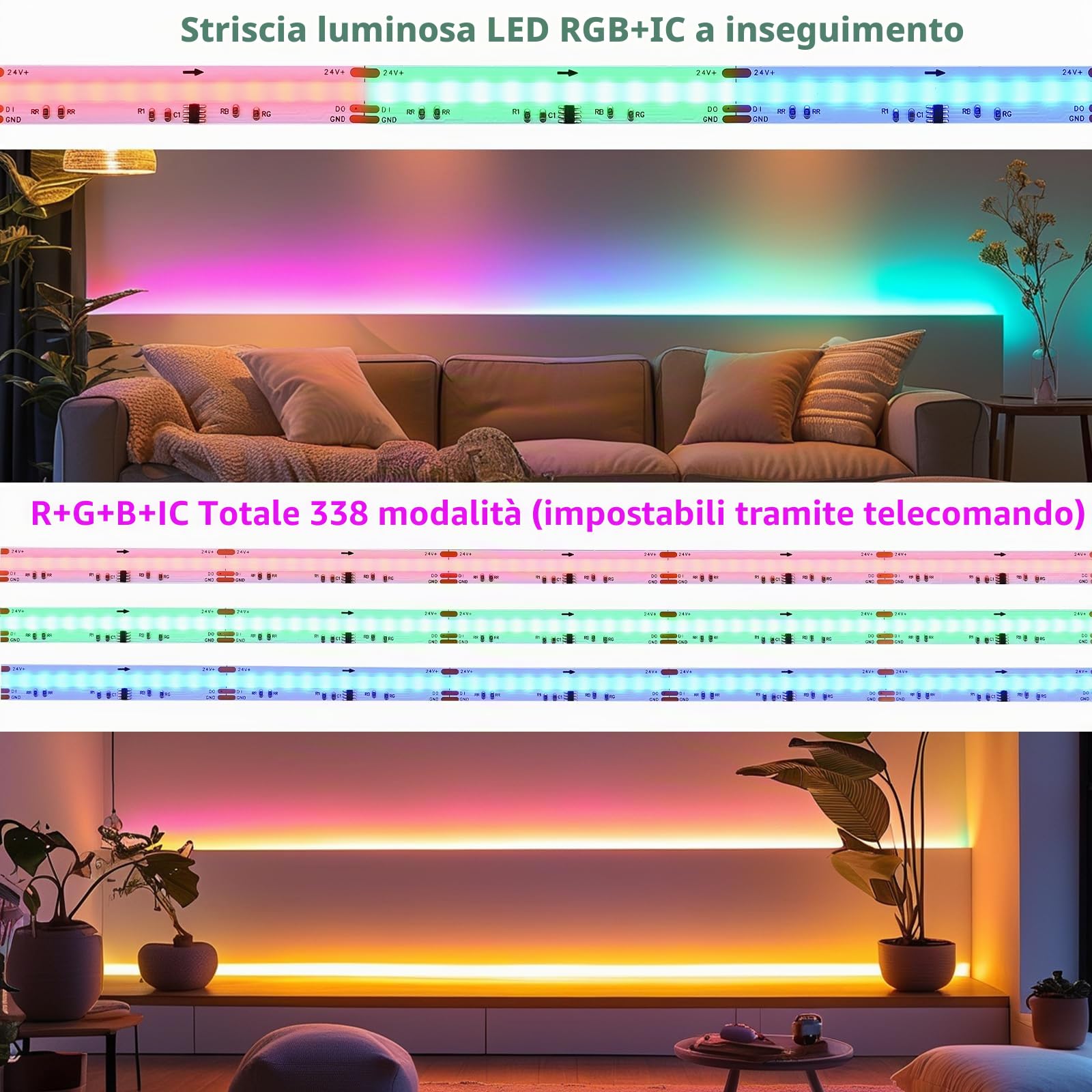 BENLUN Striscia LED COB WS2811 24V 20 Metri, RGB+IC Effetto Chase Luci LED | Strisce LED Dimmerabile Adesive 180W con Telecomando e Alimentatore per camera da letto, Cucina, Gaming, 10 Metri X 2