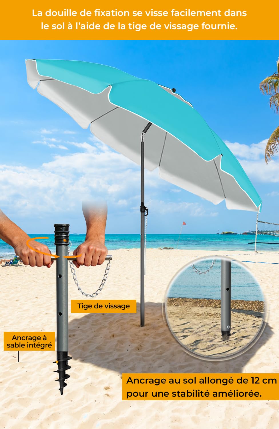 Parasol Plage Inclinable UV50+ 200cm Turquoise HOMEDEMO avec Pied d'Ancrage & Housse