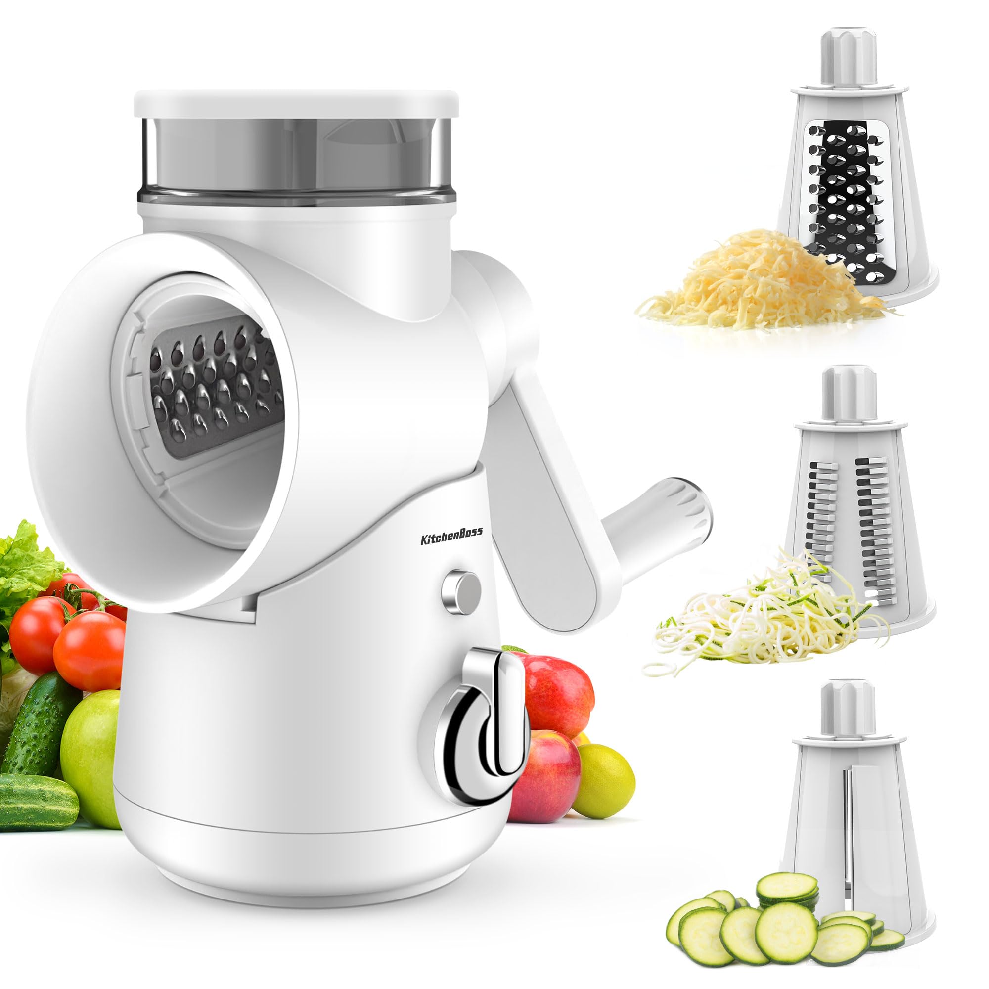 KitchenBoss Manuell Gemüseschneider Mandoline 3 in 1: Käsereibe, Trommelreibe, geeignet für viele Arten von Gemüse und O