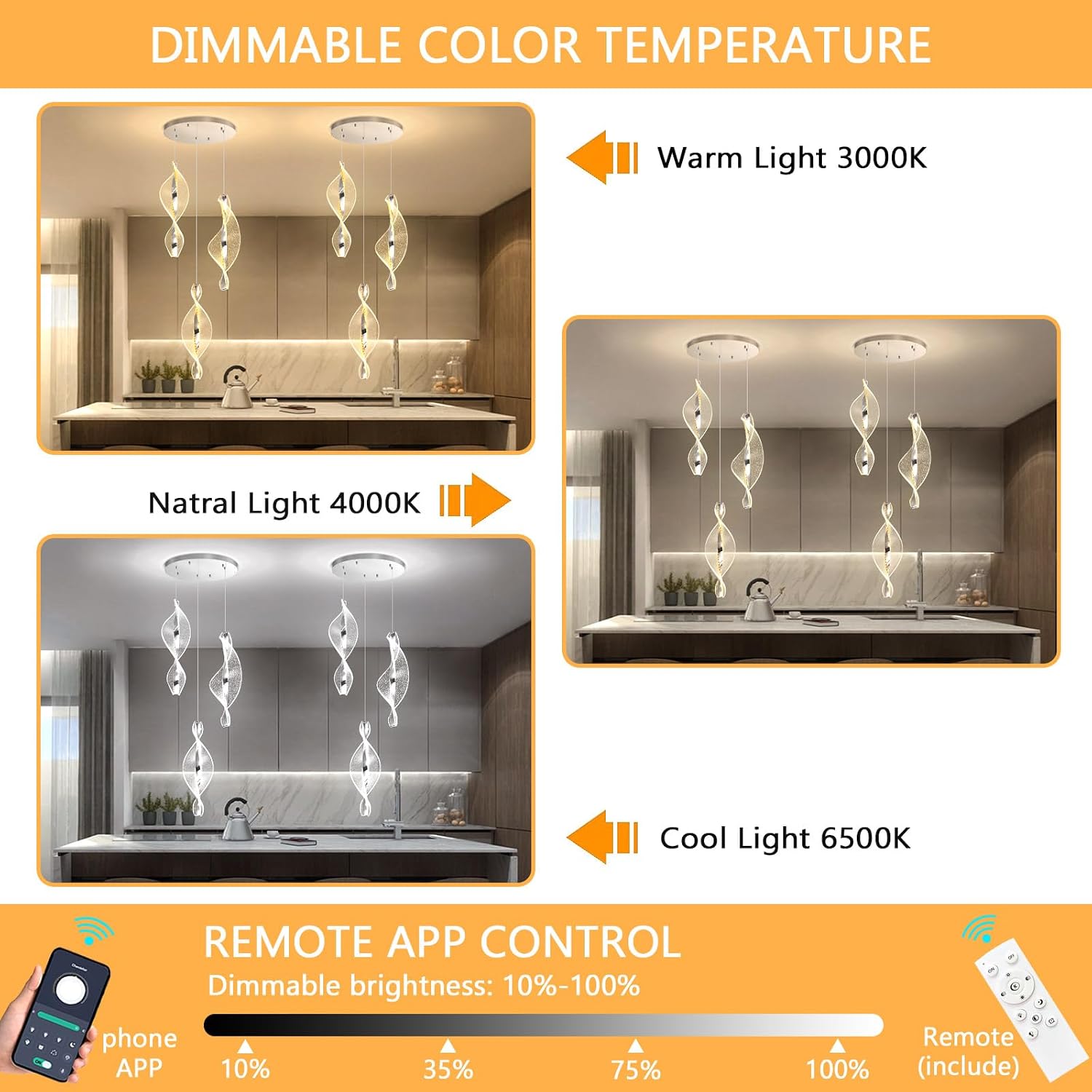 3 Lights Modern Pendant Lighting LED Dimmable Chandelier for Kitchen Island Dining Room Living Room Acrylic Silver