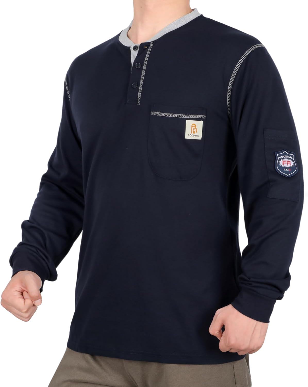 BOCOMAL FR Shirts for Men CAT2 5.5oz Long Sleeve Henley Workwear Flame Resistant Fire Retardant Shirt - Image 2