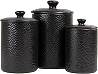 10 Strawberry Street Marquis 3-Piece Matte Black Canister Set - Diamond Embossed Airtight Ceramic Lids for Flour Sugar Coffee