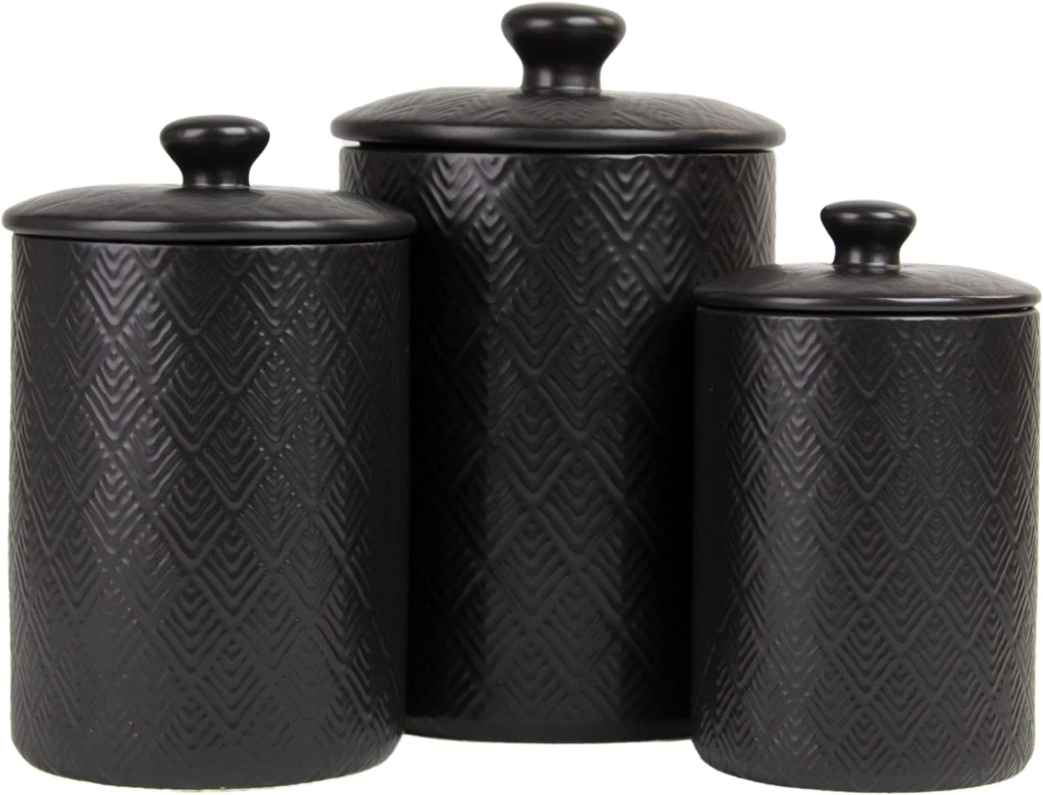 Embossed Marquis Ceramic Kitchen Canister Set, Set of 3, Matte Black