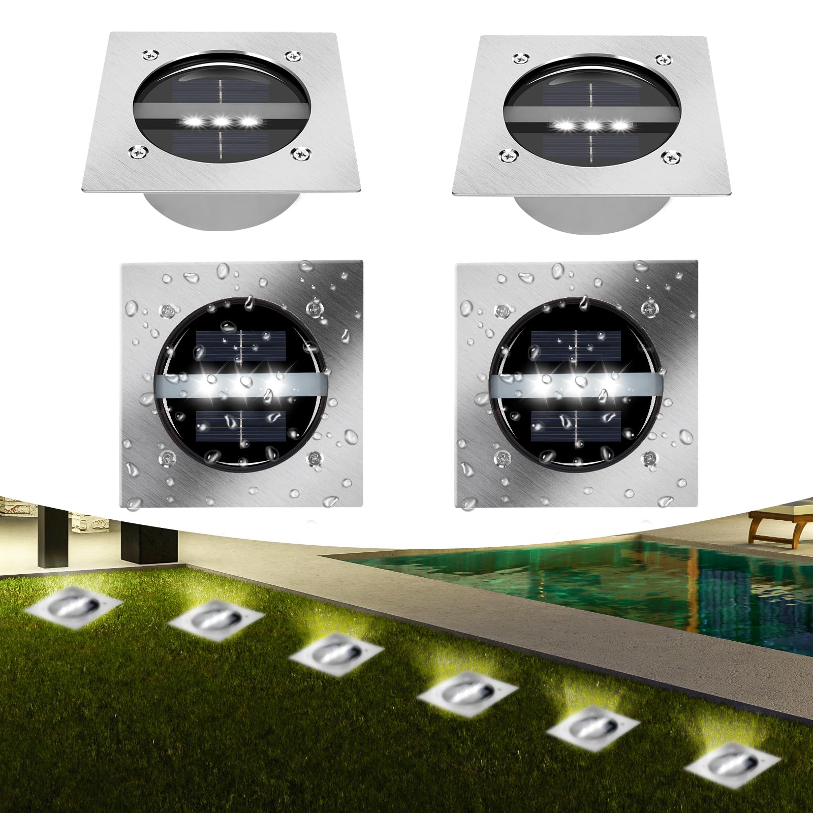 TOSHIN Luce Solare Esterna LED Lampada Solare Giardino Pavimento Impermeabile IP65 Faretto Solare Esterno per Percorsi Cortile Prato Terrazza Piscina, Quadrato, Bianco Freddo, Set di 4
